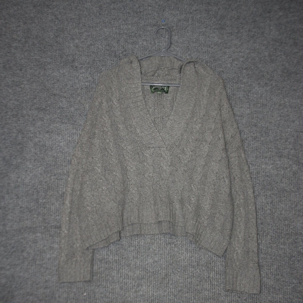 American Eagle Hoodie Sweater Womens M Gray Cable Knit V Neck Pullover